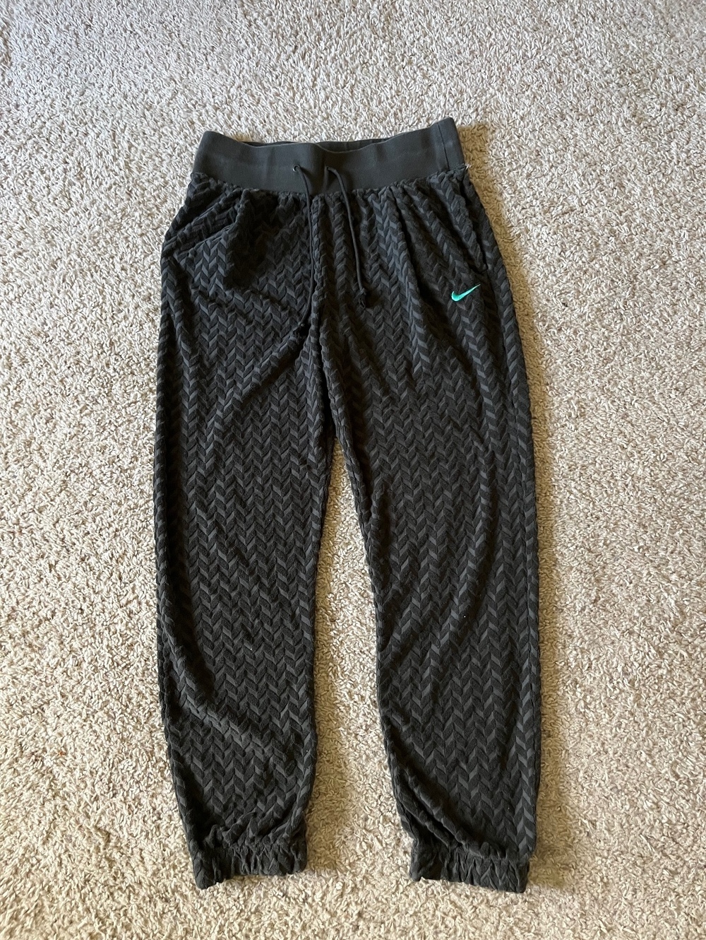 Nike Olive Green Textured Jogger Sweatpants with Teal Swoosh Logo